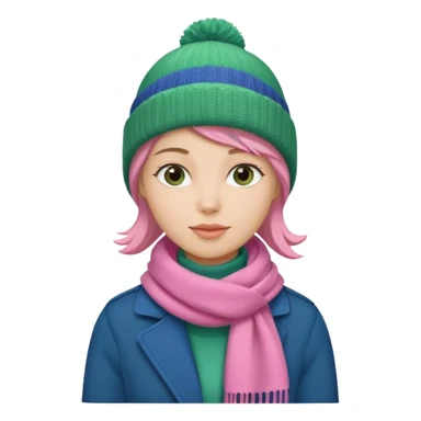 una mujer con: pink beanie, green bufanda and long blue jacket sticker