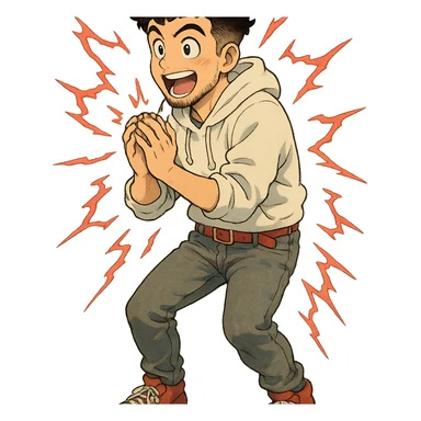 1 male, mid fade haircut dark chestnut brown curly hair, toasted lightskin, white hoodie sleeves up, gray fashion jeans, red fashion-sneakers shoes, red belt, short trimmed beard and goatee,  style of deku from "my hero academia",  doing a "i adore that!" exclaimation pose with red electricity sticker