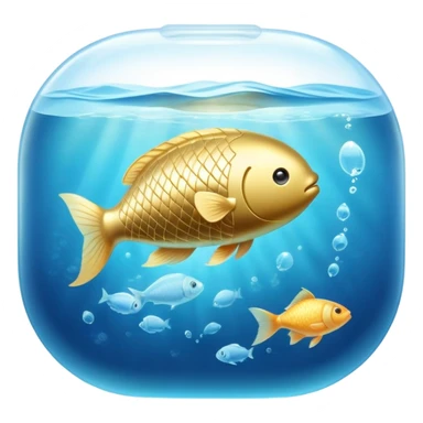 Golden capsule floating in gentle blue water currents, with a translucent fish swimming around a glowing brain. Soft light waves emanating from the brain creating a calming effect. The scene has an ethereal, dreamlike quality. sticker