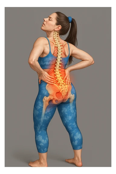 Realistic anatomical illustration of a woman in sportswear inspired by the reference photo, slightly bending backward holding the back due to pain, with highlighted muscles and vertebrae involved, neutral background. sticker