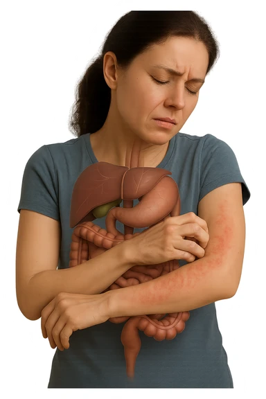 donna con intestino umano anatomico realistico che si gratta il braccio su cui ha un'eritema, iperrealistica 4k sticker