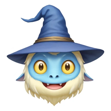 cute monster with white body, yellow tail, wearing blue sky witch hat. the face facing the front towards the 4th wall sticker