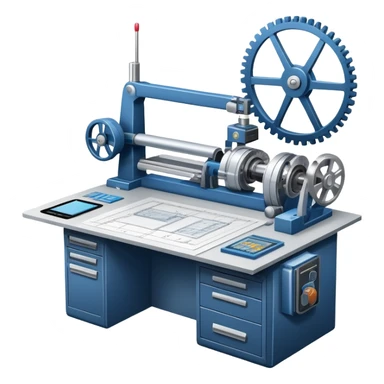 An icon featuring an engineer’s desk with blueprints, a ready machine, and microchips, symbolizing engineering. The design includes gears, tools, and a caliper, representing the design and construction of innovative technologies. Transparent background highlights the precision sticker