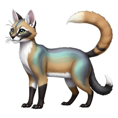Colorful dark black gloomy spooky pointy foggy smoky points-marked white glorious iridescent divine exotic cute cool beautiful beautiful fantasy-caracal-civet-genet-sergal-vernid-Cacomistle-Trico-oncilla-animal-Fakémon-hybrid-fursona (full body) sticker