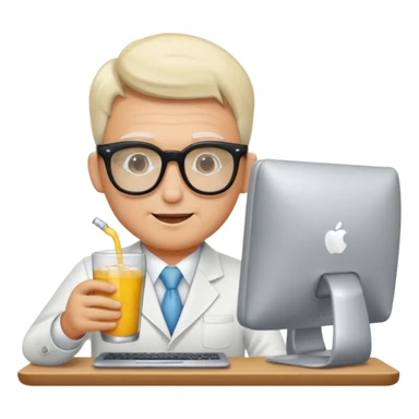 Hombre blanco con gafas tomando un refresco frente a un ordenador sticker