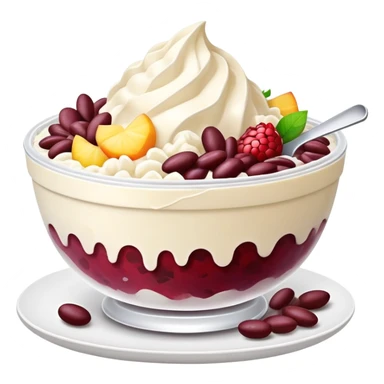 Korean Bingsu shaved ice dessert with red beans and fruit sticker