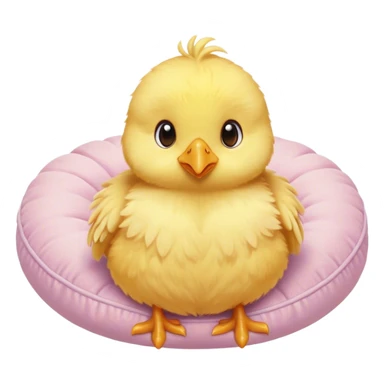 Cinematic round fluffy chick, golden yellow, tiny beak and feet, soft downy feathers, sparkling gentle eyes, sitting on a pastel-colored cushion, radiating warmth and sweetness. sticker
