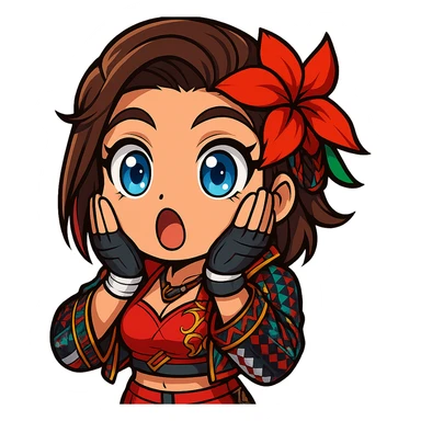 Azucena from Tekken 8 in chibi sticker style, surprised expression with hands on cheeks, wearing the detailed red and patterned outfit from the reference images, designed for Twitch emote use. sticker