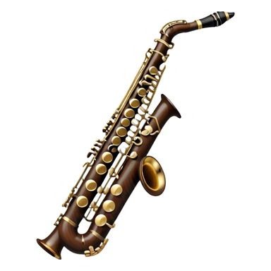 Create a detailed and unique emoji representing a clarinet with a saxophone-style mouthpiece. The design should feature the sleek, dark wood finish of the clarinet, with its shiny metal keys clearly visible, but at the top, include the large, curved mouthpiece typical of a saxophone. The mouthpiece should have a reed, similar to the one used in a saxophone, with subtle details to indicate its function. Use dark wood tones for the body of the instrument and silver or brass accents for the keys. Add small musical notes or soundwaves around the instrument to evoke its smooth, melodic sound. The background should be transparent sticker