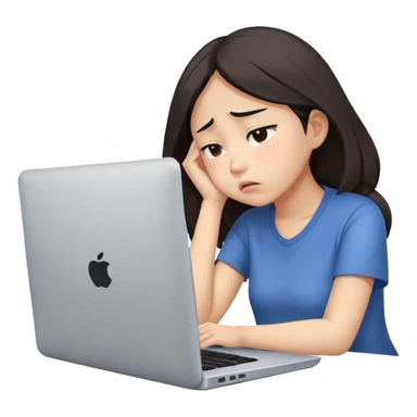 Create an emoji of a tired girl of Asian descent, sitting at a laptop, looking exhausted and frustrated. They have slouched posture, representing overwork and burnout. sticker