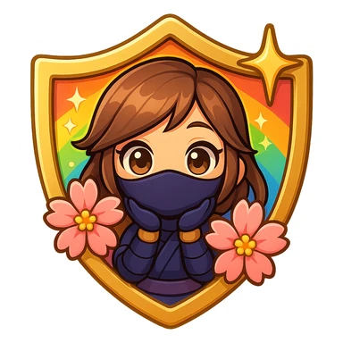 Edit the badge to have a radiant rainbow gradient color with gold trim for the Champion rank, keeping the same design of a chibi ninja girl, sakura flowers, sparkly effects, and badge shape. Maintain transparent background, sized for Twitch or Discord use. sticker