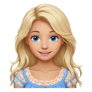 create an emoji of a young woman, tanned face, smile. she has an innocent natural look, very messy extremely long blonde hair, blueeyes, natural soft pink lips. she wears a very loose very very white lacy top sticker