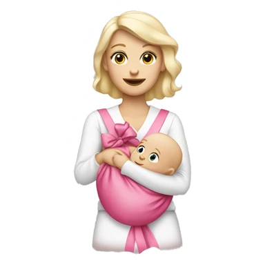 white blonde woman holding a baby that has a pink bow sticker