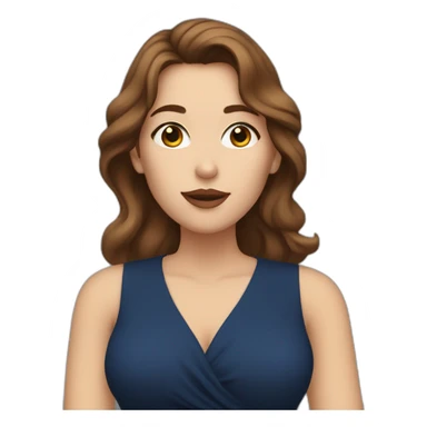 A white woman with brown hair, blowing a kiss, wearing long earrings and a dark blue dress sticker