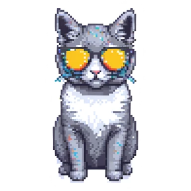 gray cat wearing sunglasses, pixel art style sticker
