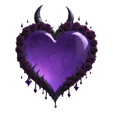 gothic heart made of purple glass with waning crescent moon at the top, scattered black rose petals, multiple lightning bolts, droplets only, deep fissures cracked glass texture sticker