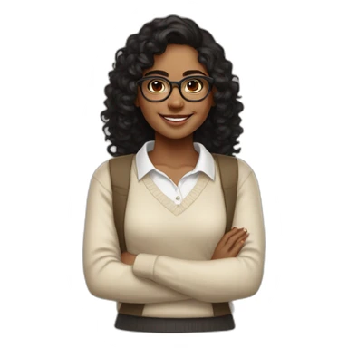 smiling dark skin indian teenage girl with black curly hair and glasses wearing a collared long sleeve white shirt under a beige v shaped collar sweatervest with no buttons sticker