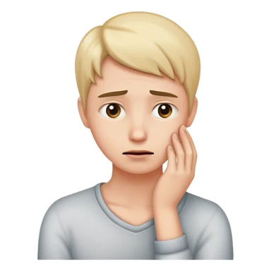 person with a worried expression, holding their hand to their neck sticker