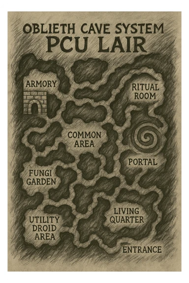 a hand drawn map of how to navigate the Oblieth cave system to find the PCU Lair sticker