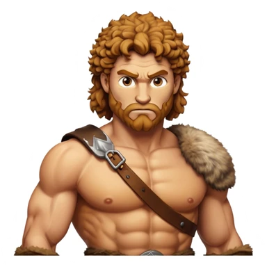 Cinematic Realistic Barbarian Hercules Portrait, depicted as a fierce Greek hero with the chiseled features of Michelangelo's David. His light tan, sculpted skin glows with timeless strength, and his thick, curly, golden brown hair cascades in wild, untamed curls reminiscent of a warrior’s mane. Instead of a flowing white robe with golden accents and a laurel wreath, he wears rugged, weathered leather and fur garments—a tattered, fur-trimmed cloak draped over broad shoulders and a simple circlet forged from iron and bone. His intense, determined eyes exude savage nobility, all rendered under dynamic natural lighting with a mythic, raw, radiant glow. sticker