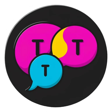 Minimalist sticker with white 'tt' letters on a black circle with cyan, magenta, and yellow dots below, speech bubble with street style influence sticker