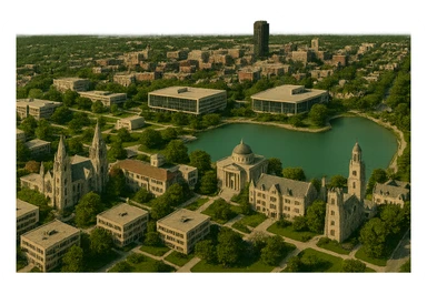 Add the Sigma Chi International Fraternity Headquarters and the Levere Memorial Chapel (Sigma Alpha Epsilon HQ) as new, visible landmarks to the existing cityscape. Keep all original Northwestern University campus, Lake Michigan shoreline, and downtown Evanston features intact. Do not remove or change any existing elements. Render in a cinematic, realistic style with a transparent background. sticker