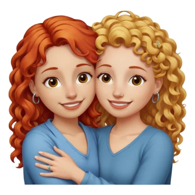 A woman with straight blonde hair and a nose piercing and a woman with curly red hair and a nose piercing are hugging and smiling together. sticker