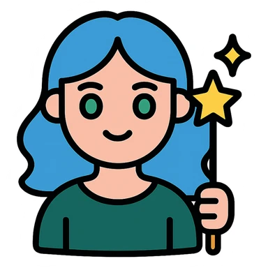 beautiful girl with blue hair and green eyes, holding a magic wand, wearing dark green dress, icon style sticker