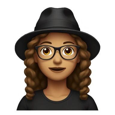 woman with long brown chin, a hat, glasses, black t-shirt sticker