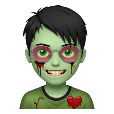Zombie emo boy, green skin and black hair, chrome heart glasses and a scary cut open smile, scars and blood under eyes sticker