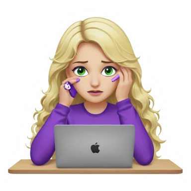 lady with long wavy blonde hair, purple top, green eyes, elbow on desk with hand on face, with a purple mac laptop tears down face. sticker