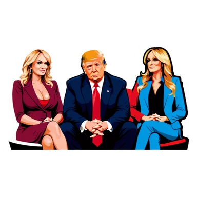 Four people, Trump, Stormy Daniels, Musk, and Bezos, side-by-side, sit sticker