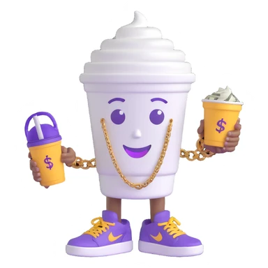 Transform the cartoon Styrofoam cup of lean character into a 3D cartoon style. Keep the friendly face, arms, gold chain with dollar sign, and purple Jordan sneakers. The cup should be white with purple liquid inside, with a simple and clean look. No background. sticker