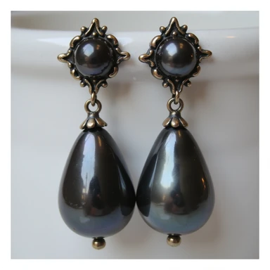 realistic goth earrings, black pearl drop, vintage gothic, subtle shine sticker