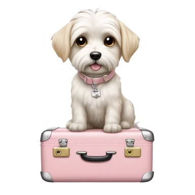 Malteses dog in a light pink bag standing on a suit case  sticker