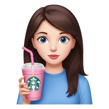make an emoji of a brunette blue eye girl wearing light pink drinking a strawberry acai refresher from starbucks sticker