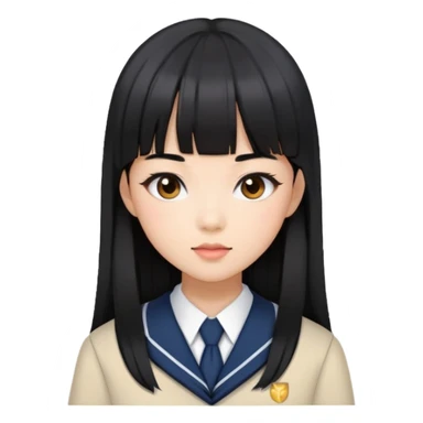stylish woman with Asian skin, school uniform, long straight black hair with bangs, and soft makeup sticker