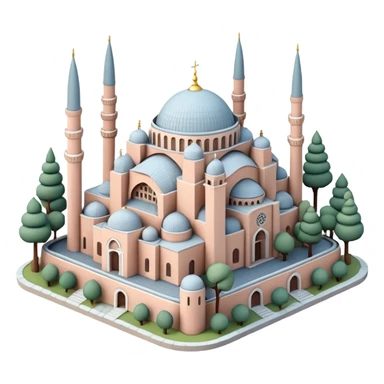 Isometric miniature of Istanbul, centered on Hagia Sophia with domes and minarets, surrounded by a few low-rise buildings and greenery, in pastel diorama style, soft shading. sticker