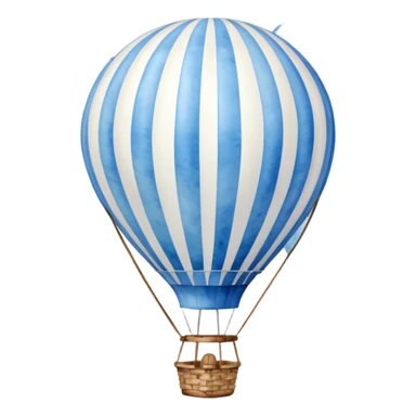 "A dreamy hot air balloon with blue and white stripes, floating among soft clouds, watercolor aesthetic." sticker