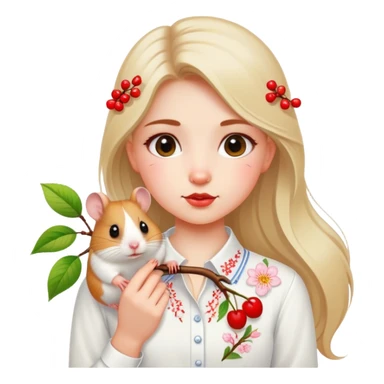 A Ukrainian girl in a white embroidered shirt holds a branch with a blossoming cherry and a hamster sticker