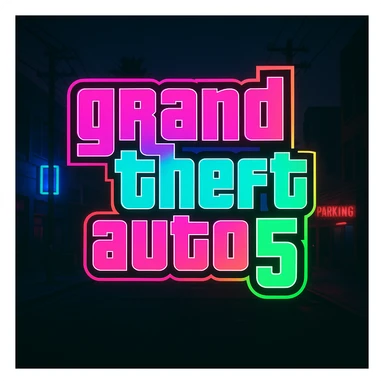 GTA5 inspired logo, bold text, neon colors, urban background, modern graphic style sticker