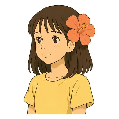 ghibli style girl with straight hair, flower in hair, summer theme sticker
