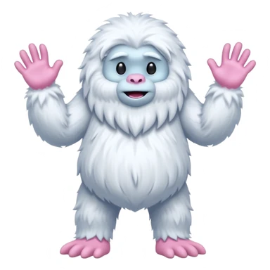 A fluffy, white creature resembling a yeti stands upright, featuring a round body and long, shaggy arms. Its face is smooth with a simple, flat mouth and no visible eyes. The hands and feet are pink with claw-like digits, and the creature has a whimsical, cartoonish appearance sticker