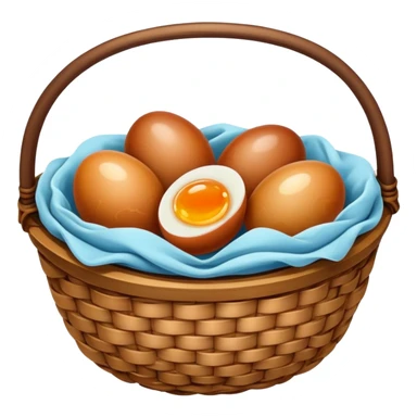 Tea eggs marbled brown appearance in basket, simplified emoji style with bold outlines and bright colors, cartoon style Chinese breakfast Cha Ye Dan sticker