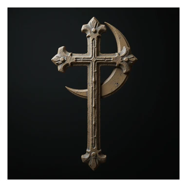 realistic gothic cross, with a crescent moon, photorealistic style, no background sticker