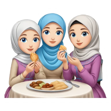 Turkish beautiful finish Konya girls blue eyes with lovely hijab long tail dress and the two friends sits on the chair on the ground and eating the food in the restaurant  sticker