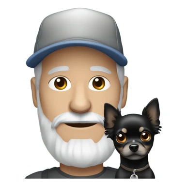 Older man with blue eyes gray hair gray goatee in ball cap holding black longhair chihuahua  sticker