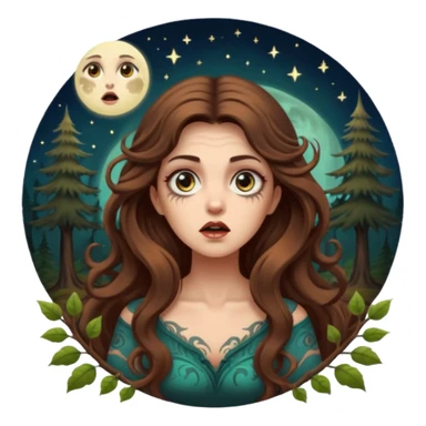 shocked forest mystic woman long wavy brown hair tattoos wide eyes moon glow sticker