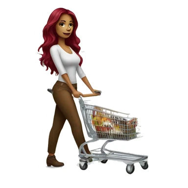 Beautiful tattooed burgundy long haired woman pushing shopping cart sticker