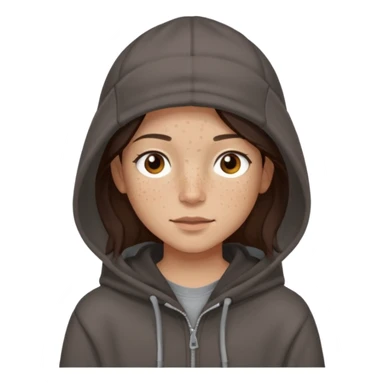 Hobo tomboy with light skin, freckles, shoulder-length center-parted dark brown hair. brown eyes, dark dull brown hoodie, grey shirt. Flat brimmed hat sticker